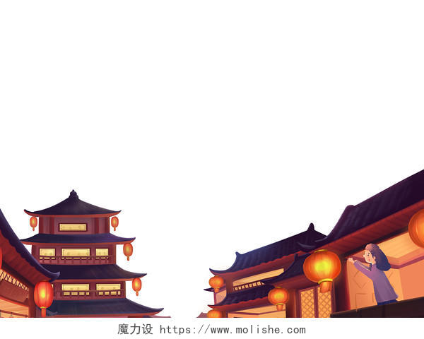 彩色手绘中国风古风古建筑房屋建筑元素PNG素材